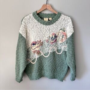 Needles & Yarn Vintage Sweater Large Green Embellished Top Cottage Granny